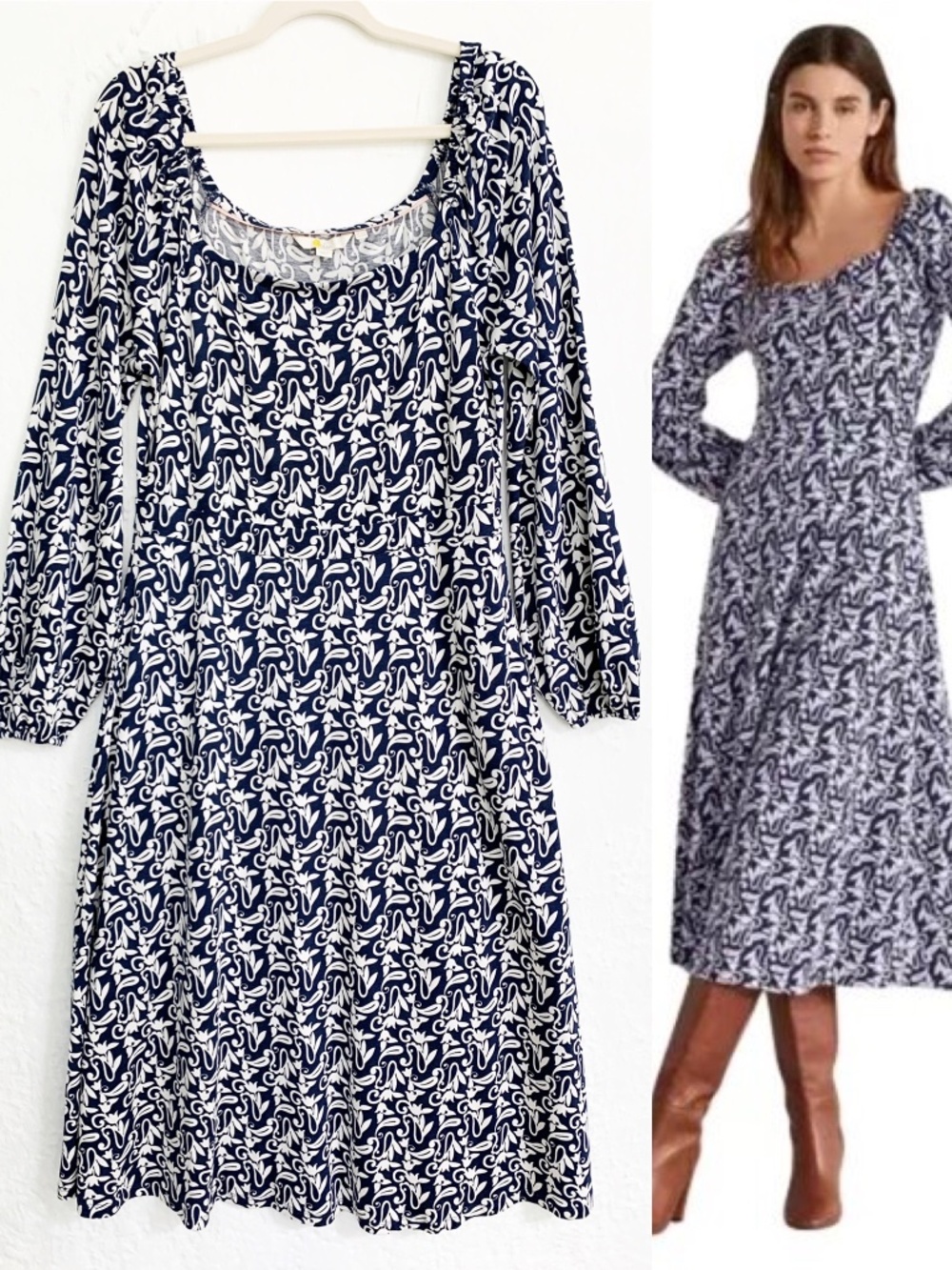 Boden Square Neck Jersey Midi Dress Blue & White Sz 10R